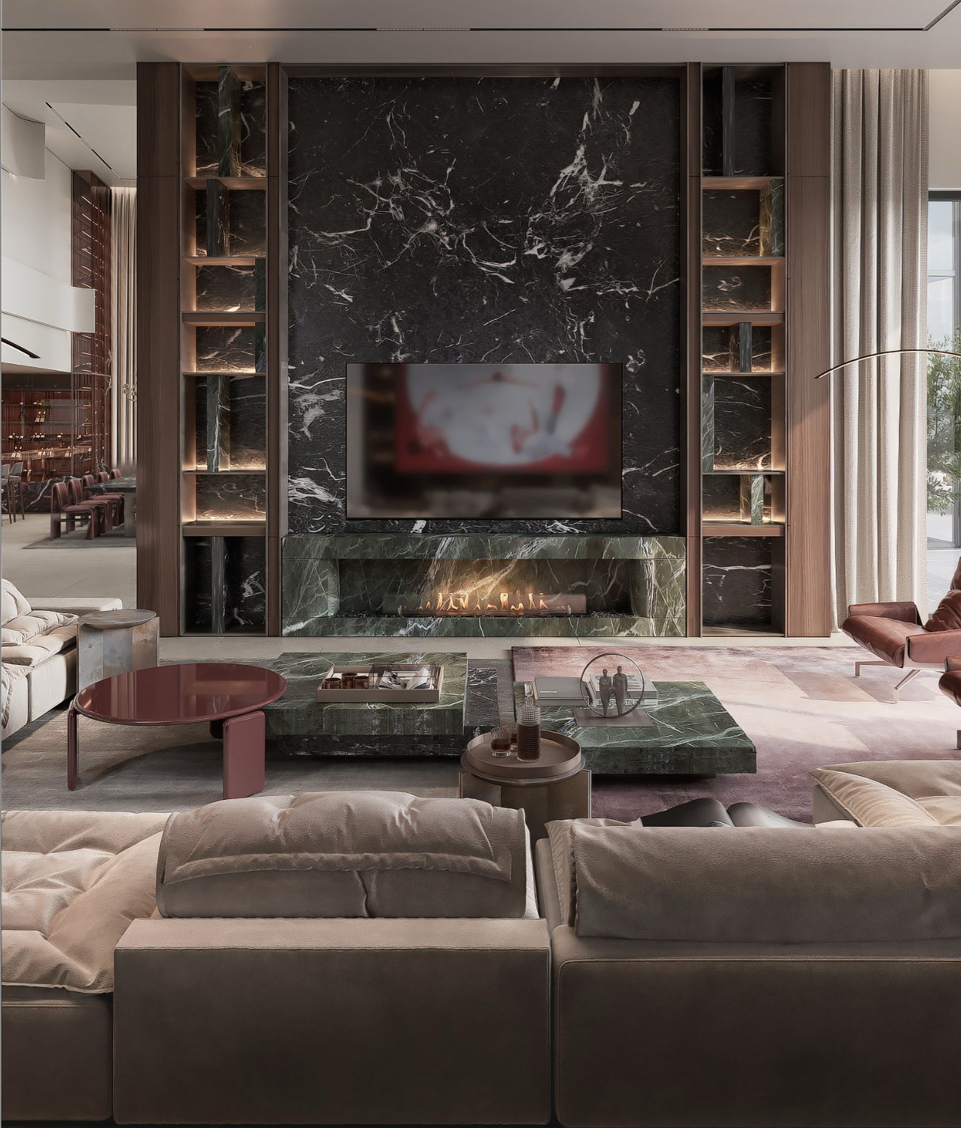 Cielo Drive — interior study of the principal living space with marble fireplace and walnut joinery