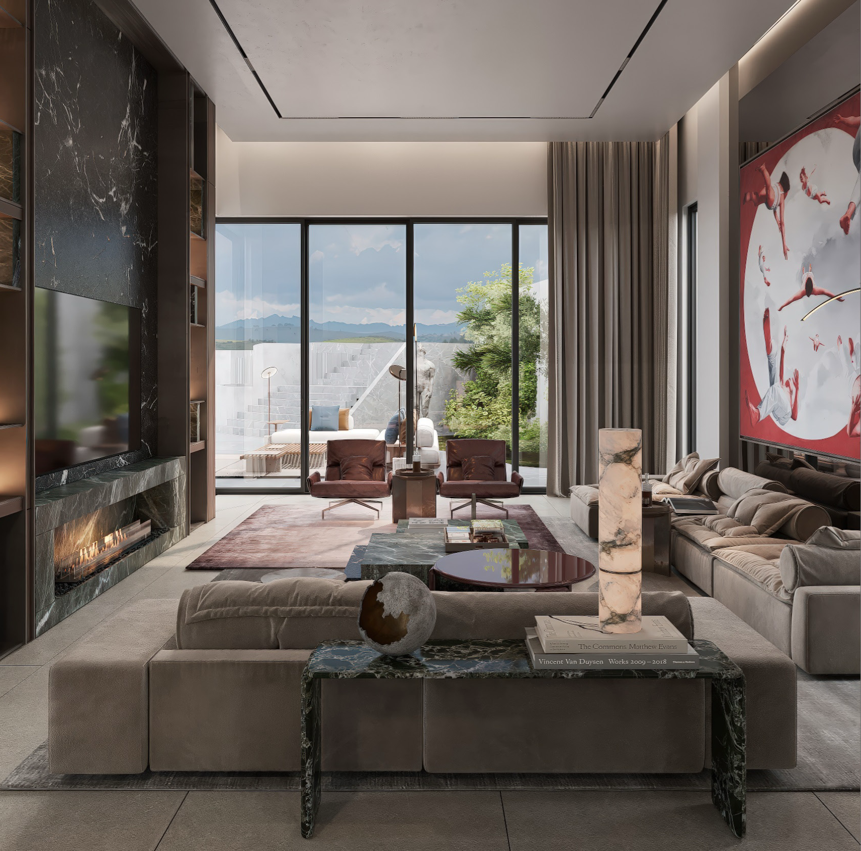 Cielo Drive — principal living room with curated art and views toward the Santa Monica Mountains