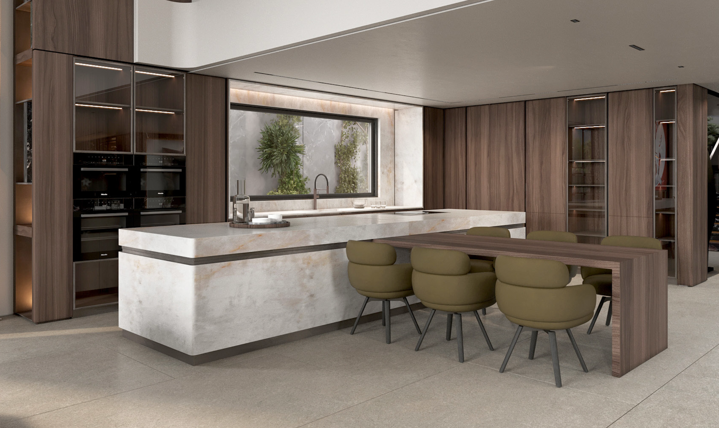 Cielo Drive — kitchen with walnut cabinetry, integrated appliances, and a quartzite-clad island